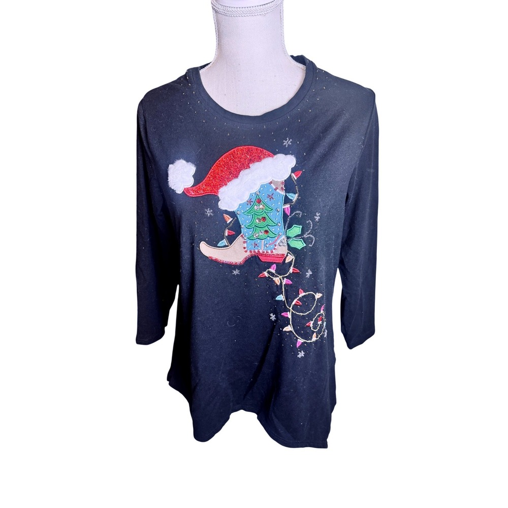 Berek Womens Christmas Cowboy Boot Santa Hat Embellished Long Sleeve Top Large